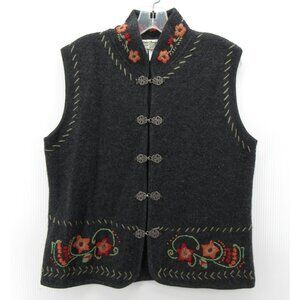 Norm Thompson Sweater Medium Wool Vest Cardigan Embroidered Toggle
